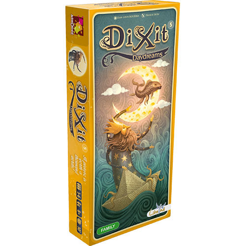Dixit: Daydreams board game by Asmodee showcasing vibrant artwork featuring a whimsical character with a lion's head, celestial elements, and dreamlike scenery, ideal for family game nights.
