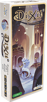 Dixit: Revelations board game by Asmodee, featuring a vibrant and imaginative box cover with whimsical artwork, showcasing a fantastical landscape with colorful characters and dreamy elements. The game emphasizes creativity and storytelling, making it perfect for family gatherings and game nights.