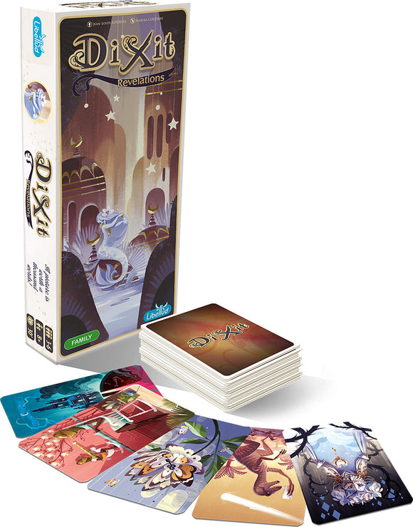 Dixit: Revelations board game by Asmodee, featuring unique illustration cards. The box prominently displays the name 'Dixit: Revelations' with artistic designs surrounding it. Several illustrated cards are spread out in front of the box, showcasing whimsical and abstract art styles. This engaging game fosters creativity and storytelling among players.
