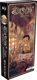 Dixit: Harmonies board game by Asmodee, featuring whimsical artwork. The box displays an illustration of a young character in a fantastical setting, surrounded by various intriguing objects and vivid imagery. Perfect for creativity and storytelling in gameplay.