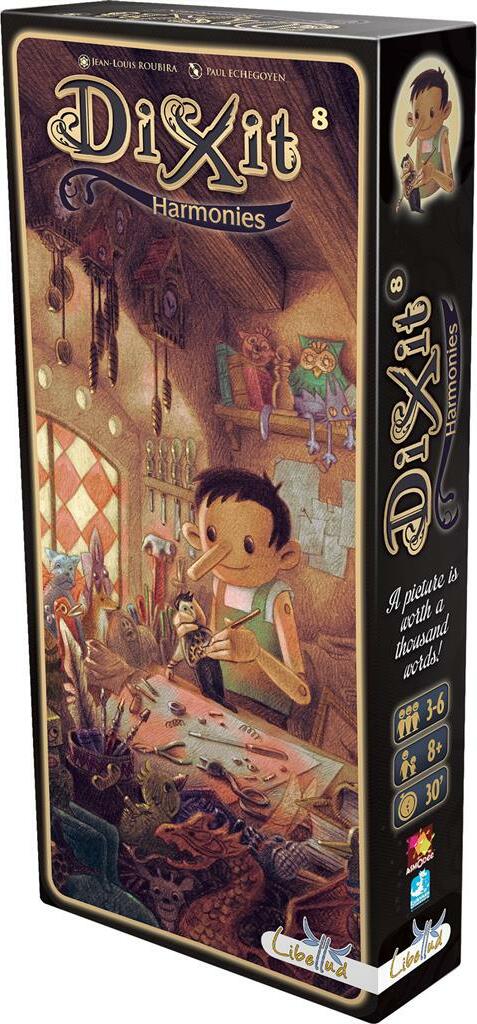 Dixit: Harmonies board game by Asmodee featuring whimsical artwork. The box depicts a character crafting in a richly detailed workshop filled with colorful objects and creatures. Suitable for 3-6 players aged 8 and up, with an average playtime of 30 minutes.