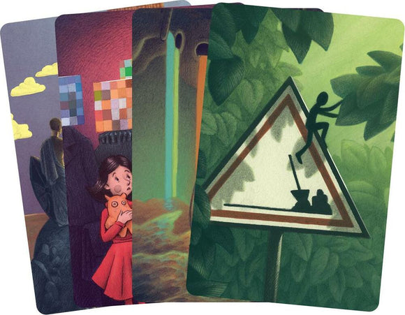 A collection of beautifully illustrated cards from the game Dixit: Harmonies, featuring whimsical scenes including a girl with an orange cat, abstract shapes, and a playful silhouette on a caution sign, showcasing the imaginative storytelling aspect of the game.