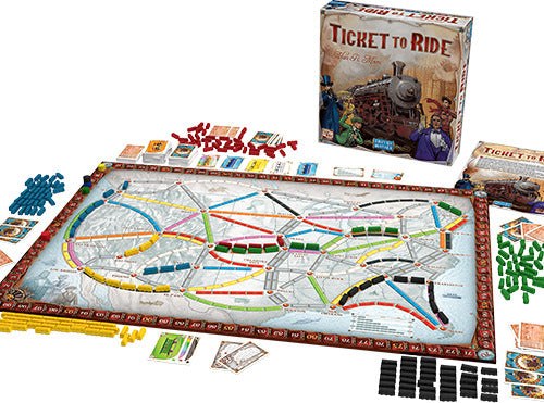 Ticket to Ride board game by Days of Wonder featuring a colorful game board with train routes across a map, player pieces in various colors, train cards, and ticket cards spread around the board. The box showcases vibrant artwork depicting a steam train and characters.