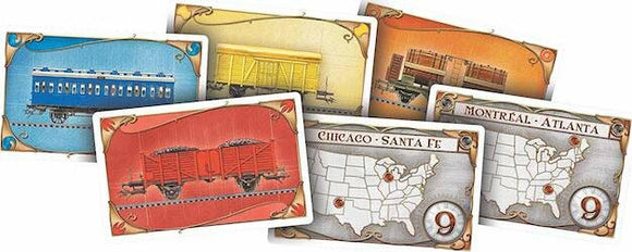 A selection of colorful train cards from the board game Ticket to Ride by Days of Wonder. The cards feature various types of trains and routes, including destinations like Chicago and Montreal, designed with intricate artwork.
