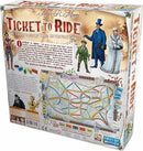 The back of the Ticket to Ride game box by Days of Wonder, featuring colorful graphics with characters, a game board map of North America with train routes, and details on game rules and components. The vibrant design hints at adventure and strategy for players, inviting them to embark on a cross-country train journey.