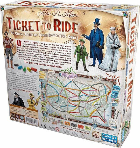 The back of the Ticket to Ride game box by Days of Wonder, featuring colorful graphics with characters, a game board map of North America with train routes, and details on game rules and components. The vibrant design hints at adventure and strategy for players, inviting them to embark on a cross-country train journey.
