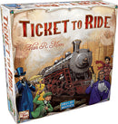Ticket to Ride board game box by Days of Wonder, featuring a vintage train and whimsical illustrations of players in early 20th-century attire. The title is prominently displayed at the top, with artwork depicting a locomotive and characters engaged in strategic gameplay.