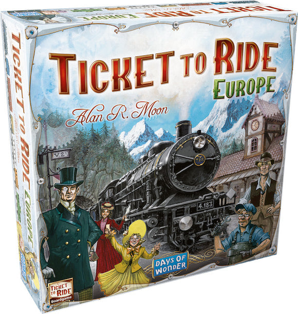 The game box for Ticket to Ride: Europe, featuring vibrant artwork of a vintage steam locomotive traveling through picturesque mountainous landscapes. The foreground displays a group of characters including a gentleman in a top hat, a stylish woman, and other figures dressed in period attire. The title 'Ticket to Ride: Europe' is prominently displayed in bold red letters, while the name of the game designer, Alan R. Moon, is also mentioned.
