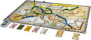 A colorful board game titled 'Ticket to Ride: Europe' by Days of Wonder, showcasing a detailed map of Europe with various train routes marked in different colors. Small plastic trains in multiple colors are placed on the routes, along with route cards and tickets displayed on one side, indicating gameplay elements.