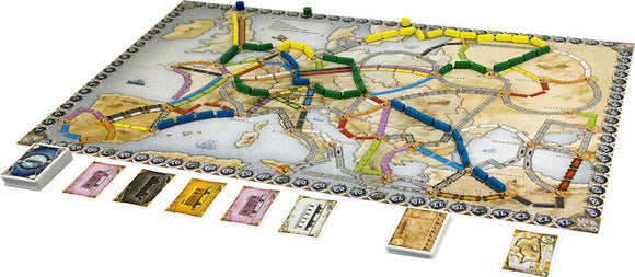 A colorful board game titled 'Ticket to Ride: Europe' by Days of Wonder, showcasing a detailed map of Europe with various train routes marked in different colors. Small plastic trains in multiple colors are placed on the routes, along with route cards and tickets displayed on one side, indicating gameplay elements.