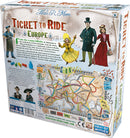 The back of the Ticket to Ride: Europe board game box features colorful artwork showcasing characters in period costumes, a detailed game board map of Europe, and components including train pieces and destination cards. The design reflects a vintage travel theme and invites players to embark on an exciting railway adventure across Europe.