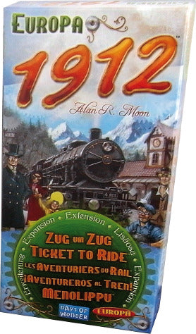 Ticket to Ride: Europa 1912 board game by Days of Wonder. The box features an illustration of an old steam train and adventurers set in a European landscape, with vibrant colors and details highlighting the game's travel theme.