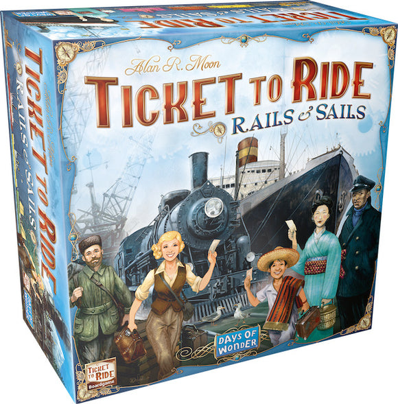Ticket to Ride: Rails & Sails board game box featuring a vibrant illustration of a train and ship, with characters holding tickets, set against a backdrop of travel and adventure. The box showcases colorful artwork and the Days of Wonder logo.