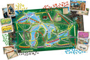 A vibrant board game, 'Ticket to Ride: Rails & Sails', features a beautifully illustrated map with colorful railway routes across North America, surrounded by game pieces, cards, and tokens. The design incorporates engaging elements like ships and landmarks, inviting players to strategize and enjoy a thrilling journey.