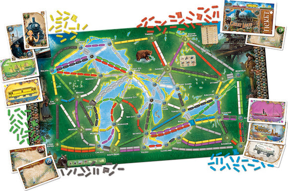 A vibrant board game, 'Ticket to Ride: Rails & Sails', features a beautifully illustrated map with colorful railway routes across North America, surrounded by game pieces, cards, and tokens. The design incorporates engaging elements like ships and landmarks, inviting players to strategize and enjoy a thrilling journey.
