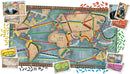A colorful game board for Ticket to Ride: Rails & Sails, featuring a world map with train routes in green, red, yellow, and blue, surrounded by destination cards showcasing various landmarks and transportation modes. The layout includes train pieces in different colors, emphasizing a strategic gameplay experience filled with adventure and exploration.