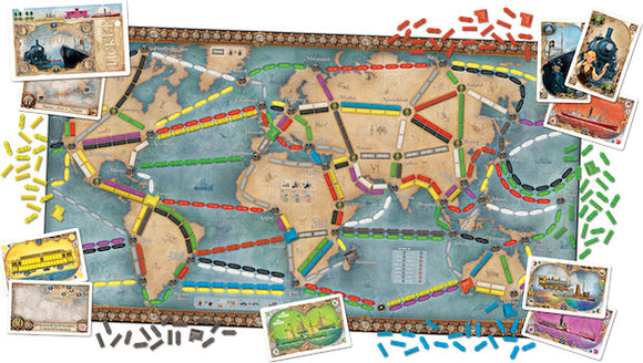 A colorful game board for Ticket to Ride: Rails & Sails, featuring a world map with train routes in green, red, yellow, and blue, surrounded by destination cards showcasing various landmarks and transportation modes. The layout includes train pieces in different colors, emphasizing a strategic gameplay experience filled with adventure and exploration.