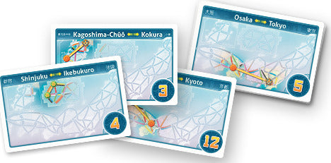 Ticket to Ride: Japan & Italy Expansion game cards displaying routes and cities such as Shinjuku, Osaka, and Kyoto, featuring colorful designs and clear text markings.