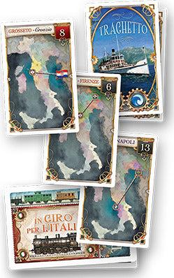 A collection of Ticket to Ride: Japan & Italy expansion game cards showcasing colorful illustrations of various locations in Japan and Italy, including cities like Firenze and Napoli. The cards are artistically designed with a vintage train motif and vibrant colors, perfect for enhancing the classic board game experience.