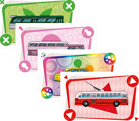 An assortment of colorful game cards from Ticket to Ride: New York. The cards feature various transport vehicles including a bus, taxi, and train, showcasing vibrant designs and playful graphics, perfect for stimulating gameplay.