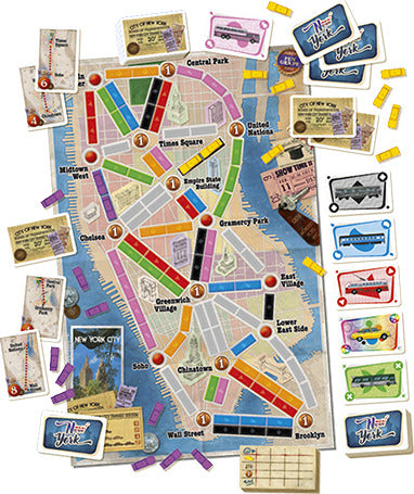 Ticket to Ride: New York board game featuring a colorful map of New York City with various routes, player tokens, and train cards spread out for gameplay. Includes iconic locations like Central Park, Times Square, and more.