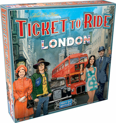 Ticket to Ride: London board game box featuring vibrant artwork. The cover depicts four characters against the backdrop of iconic London landmarks, including a red double-decker bus and historic buildings. The title is prominently displayed at the top, with the manufacturer's logo visible at the bottom.