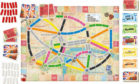 A vibrant board game titled 'Ticket to Ride: London' featuring a detailed map of London with colorful railway routes. The game includes various pieces such as passenger tokens, route cards, and ticket cards, all set against the backdrop of the iconic London map.