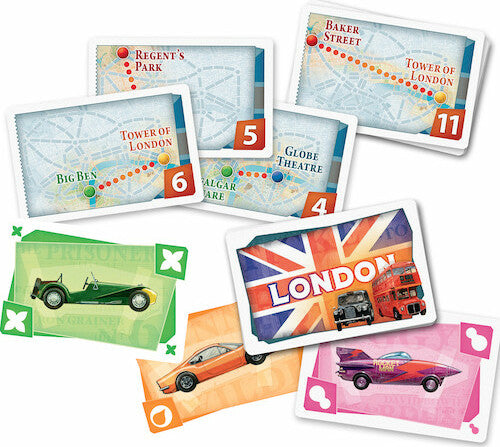 A collection of colorful game cards from the board game Ticket to Ride: London, featuring iconic London landmarks like Big Ben, Globe Theatre, and Tower of London, along with illustrated money bills in green, orange, and pink featuring vehicles and the London logo.