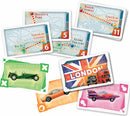 A collection of colorful game cards from the board game Ticket to Ride: London, featuring iconic London landmarks like Big Ben, Globe Theatre, and Tower of London, along with illustrated money bills in green, orange, and pink featuring vehicles and the London logo.