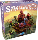 The box of the board game 'Small World' by Days of Wonder. It features colorful illustrations of various fantasy characters such as a large muscular man, goblins, and other whimsical creatures set against a vibrant landscape. The title 'Small World' is prominently displayed at the top, with the name of the game designer, Philippe Keyaerts, noted below.