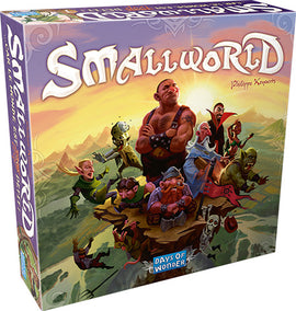 The box of the board game 'Small World' by Days of Wonder. It features colorful illustrations of various fantasy characters such as a large muscular man, goblins, and other whimsical creatures set against a vibrant landscape. The title 'Small World' is prominently displayed at the top, with the name of the game designer, Philippe Keyaerts, noted below.