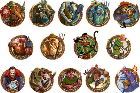 A vibrant collage of character tokens from the Small World board game by Days of Wonder. The illustrations include fantastical beings such as goblins, wizards, and warriors, each surrounded by ornate circular frames. The characters exhibit diverse poses and expressions, showcasing the whimsical and adventurous spirit of the game.