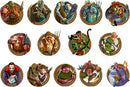 A vibrant collage of character tokens from the Small World board game by Days of Wonder. The illustrations include fantastical beings such as goblins, wizards, and warriors, each surrounded by ornate circular frames. The characters exhibit diverse poses and expressions, showcasing the whimsical and adventurous spirit of the game.