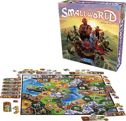 The game Small World by Days of Wonder displayed with its vibrant box art featuring various fantasy characters. The game board is spread out, showing a colorful map with different terrains and regions, accompanied by game pieces, tokens, and player boards, ideal for strategic gameplay.