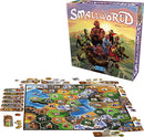 The game Small World by Days of Wonder displayed with its vibrant box art featuring various fantasy characters. The game board is spread out, showing a colorful map with different terrains and regions, accompanied by game pieces, tokens, and player boards, ideal for strategic gameplay.