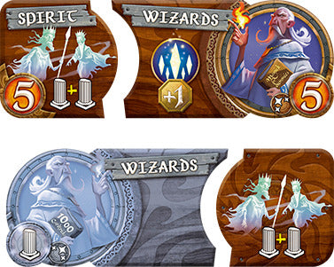 A detailed look at the player boards from the game Small World by Days of Wonder, showcasing character tokens featuring Wizards and Spirits. Each token displays varying points, special abilities, and unique artwork to enhance gameplay experience.