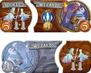 A detailed look at the player boards from the game Small World by Days of Wonder, showcasing character tokens featuring Wizards and Spirits. Each token displays varying points, special abilities, and unique artwork to enhance gameplay experience.