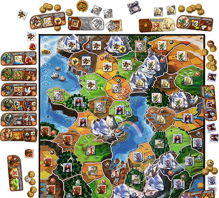 A colorful and detailed game board for 'Small World' by Days of Wonder, featuring various territories, icons, and tokens representing different fantasy races. The board includes mountains, lakes, and multiple regions for strategic gameplay, with cards and pieces arranged around it, enhancing the visual appeal of this engaging tabletop game.