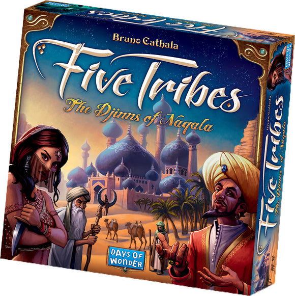 Five Tribes: The Djinns of Naqala game box featuring vibrant artwork. The design includes colorful characters such as a woman with a dagger, a man with a staff, and a figure in a turban, set against a background of palatial architecture and desert landscape with camels. Created by Days of Wonder.