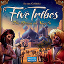 Five Tribes: The Djinns of Naqala is a captivating board game by Days of Wonder, featuring colorful artwork depicting characters and magical elements in a desert landscape. The cover showcases a mysterious woman, a wise elder, and a charismatic man, surrounded by domed buildings and palm trees, inviting players to immerse themselves in a strategic journey.