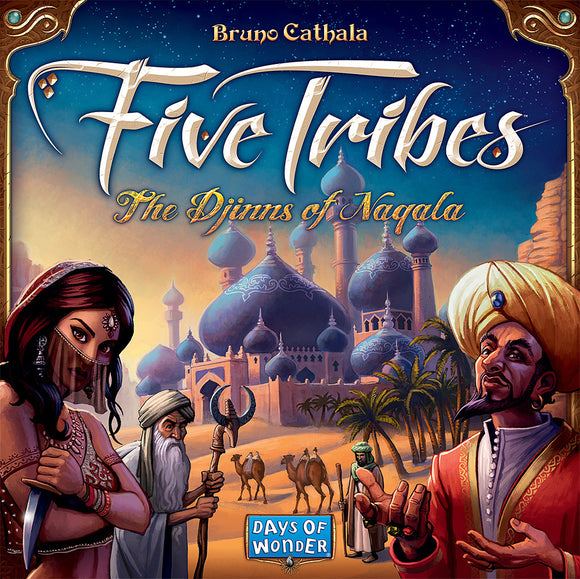 Five Tribes: The Djinns of Naqala is a captivating board game by Days of Wonder, featuring colorful artwork depicting characters and magical elements in a desert landscape. The cover showcases a mysterious woman, a wise elder, and a charismatic man, surrounded by domed buildings and palm trees, inviting players to immerse themselves in a strategic journey.