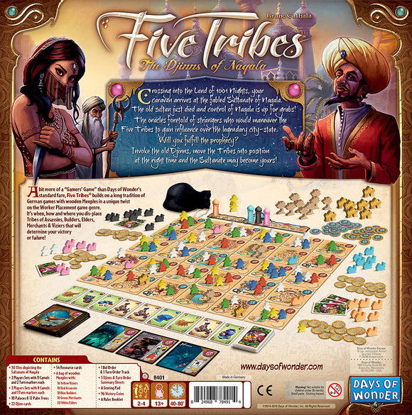 The back cover of the board game 'Five Tribes: The Djinns of Naqala' by Days of Wonder. Featuring the game board with colorful player pieces, cards, and descriptions of gameplay mechanics. The artwork includes two characters in traditional attire and hints at the strategic nature of the game involving worker placement and influence over city-states.
