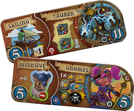 A detailed look at the game components of Small World of Warcraft by Days of Wonder. The image features colorful player boards with sections for Sailing, Tauren, and Gnomes, marked with various stats and illustrations depicting ships and characters. Each board has vibrant artwork with unique game mechanics highlighted, showcasing the fantasy theme and strategic gameplay.