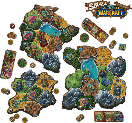 A colorful board game setup for Small World of Warcraft by Days of Wonder. The game features detailed maps, various terrain types including mountains and lakes, along with tokens and cards used for gameplay. The game highlights strategic territory control with illustrations of diverse fantasy characters and factions, appealing to fans of strategy and adventure.