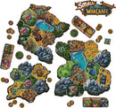 A colorful board game setup for Small World of Warcraft by Days of Wonder. The game features detailed maps, various terrain types including mountains and lakes, along with tokens and cards used for gameplay. The game highlights strategic territory control with illustrations of diverse fantasy characters and factions, appealing to fans of strategy and adventure.