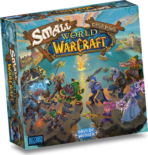 The Small World of Warcraft board game by Days of Wonder features a colorful game box showcasing various fantasy characters and settings, including orcs, gnomes, and wizards from the World of Warcraft universe. The vibrant artwork depicts an enchanting landscape with a mystical atmosphere, inviting players into a rich gaming experience.