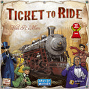The board game 'Ticket to Ride' by Days of Wonder features a colorful box cover showcasing a vintage train with characters dressed in early 20th-century attire. The artwork includes various passengers and a scenic backdrop that highlights train travel. It indicates the game is suitable for ages 8 and up and can accommodate 2 to 5 players. The title is prominently displayed at the top, along with the designer's name, Alan R. Moon, and awards recognition.