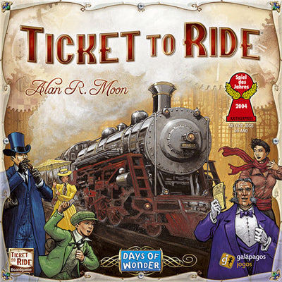 The board game 'Ticket to Ride' by Days of Wonder features a colorful box cover showcasing a vintage train with characters dressed in early 20th-century attire. The artwork includes various passengers and a scenic backdrop that highlights train travel. It indicates the game is suitable for ages 8 and up and can accommodate 2 to 5 players. The title is prominently displayed at the top, along with the designer's name, Alan R. Moon, and awards recognition.