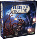 Eldritch Horror board game box featuring a dramatic scene with adventurers battling a monstrous tentacle creature. Illustrated with dark, mysterious themes evocative of global mystery and horror. The box highlights the game's title and invites 1 to 8 players to immerse themselves in its thrilling narrative.