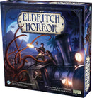 The box of 'Eldritch Horror,' a board game produced by Fantasy Flight Games, featuring a dark, thrilling illustration. The artwork shows characters battling monstrous tentacles and flying creatures, set against an eerie landscape with a moonlit sky. The game supports 1 to 8 players and emphasizes global mystery and horror themes.